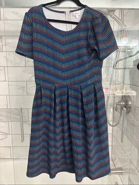 LuLaRoe Amelia Blue Teal and Pink Chevron Fit-and-Flare Dress